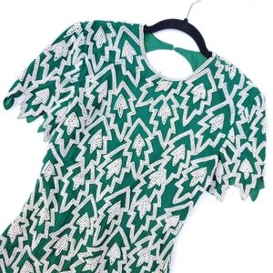 Vintage Green White Pearl Beaded Keyhole Dress